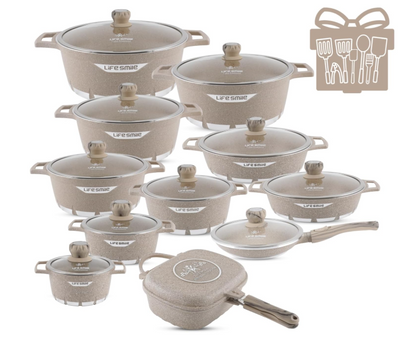 LIFE SMILE 29-Piece Cookware Set | Granite Stone Non-Stick Pots & Pans | طقم أواني الطبخ 29 قطعة جرانيت
